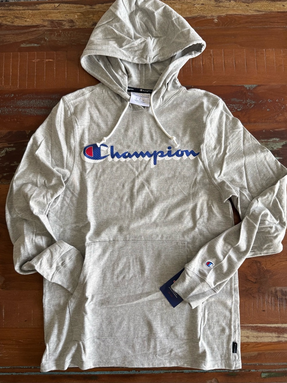 CHAMPION Gray Hooded Long Sleeve T With Blue Logo! NWTS!  S